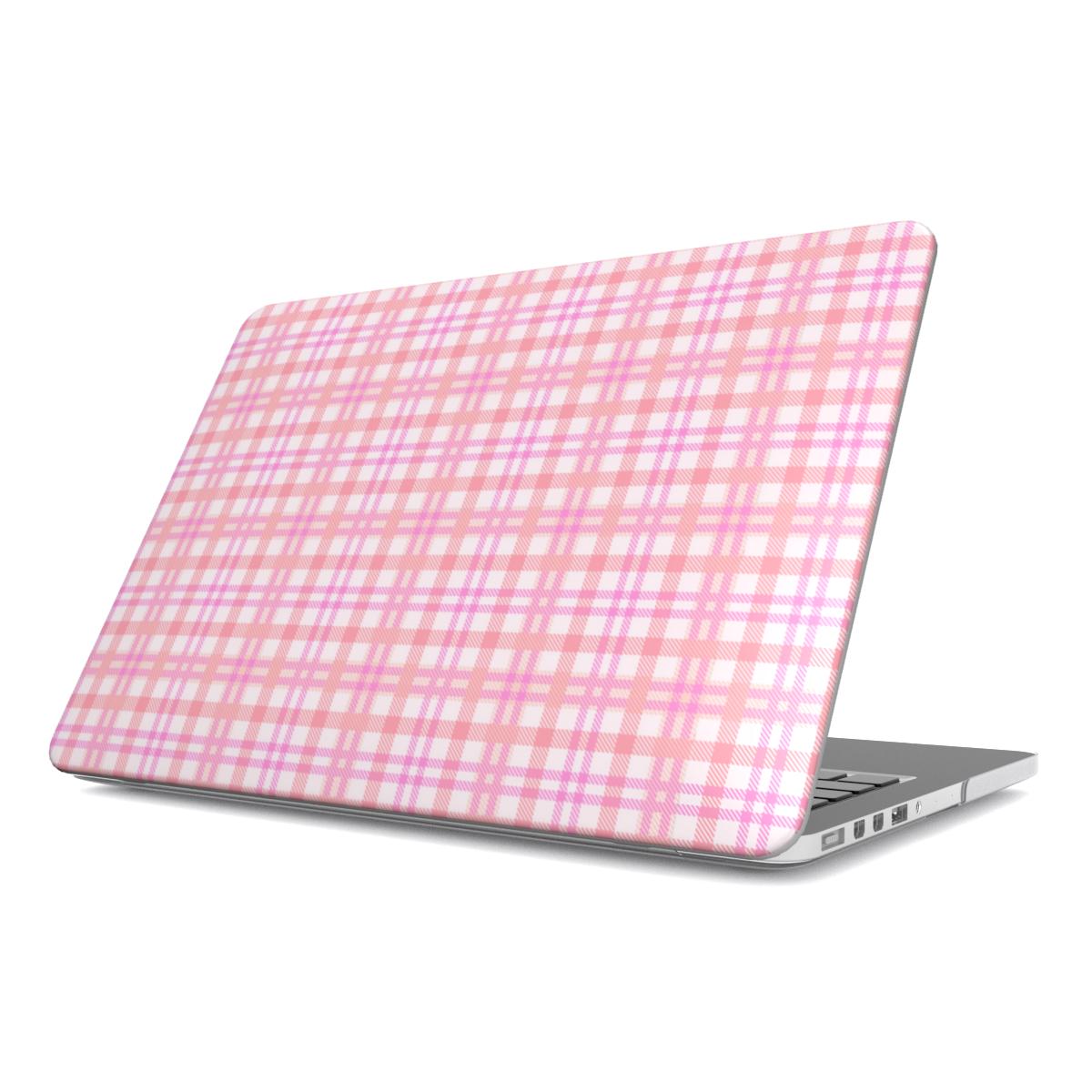 Pink Gingham MacBook case — pink check, hard-shell laptop cover, angled lid view