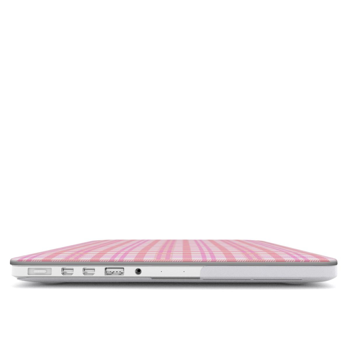 Pink Gingham MacBook case — hard-shell laptop cover, side view with ports