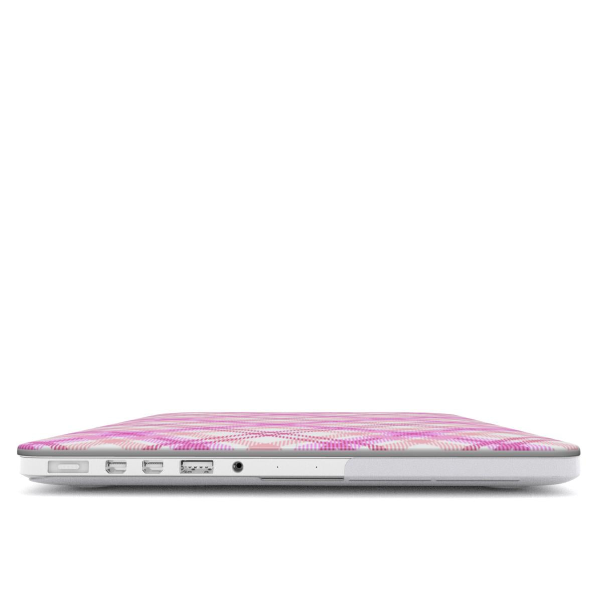 Rose Plaid MacBook case — hard-shell laptop cover, side view with ports