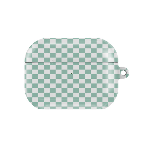 Sage Check AirPods case — sage green check, closed front view
