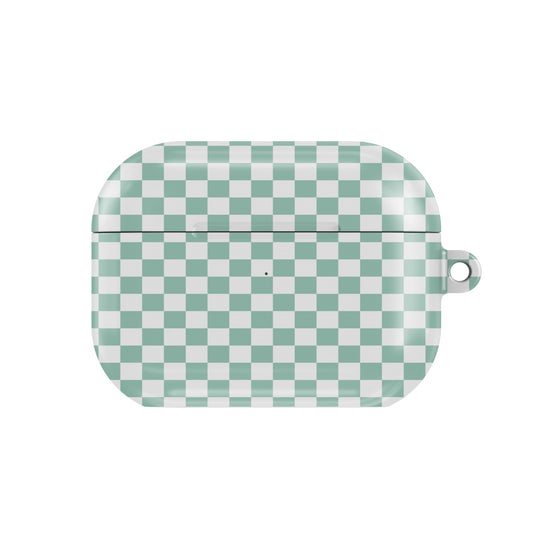 Sage Check AirPods case — sage green check, closed front view