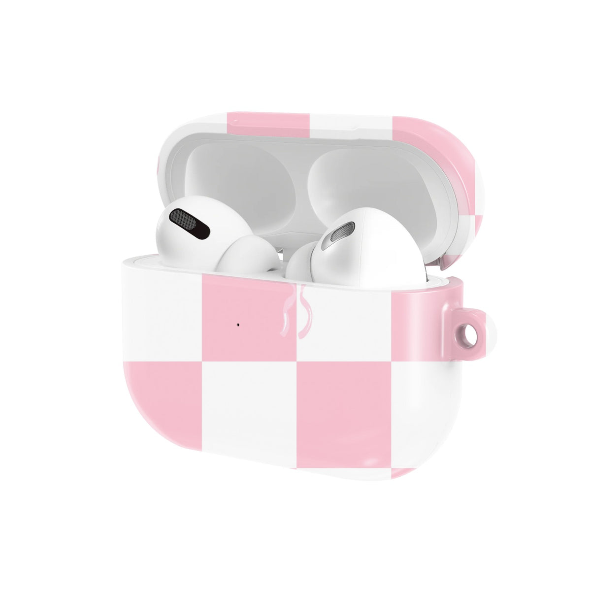 Pink Bow Check AirPods case — open angled view