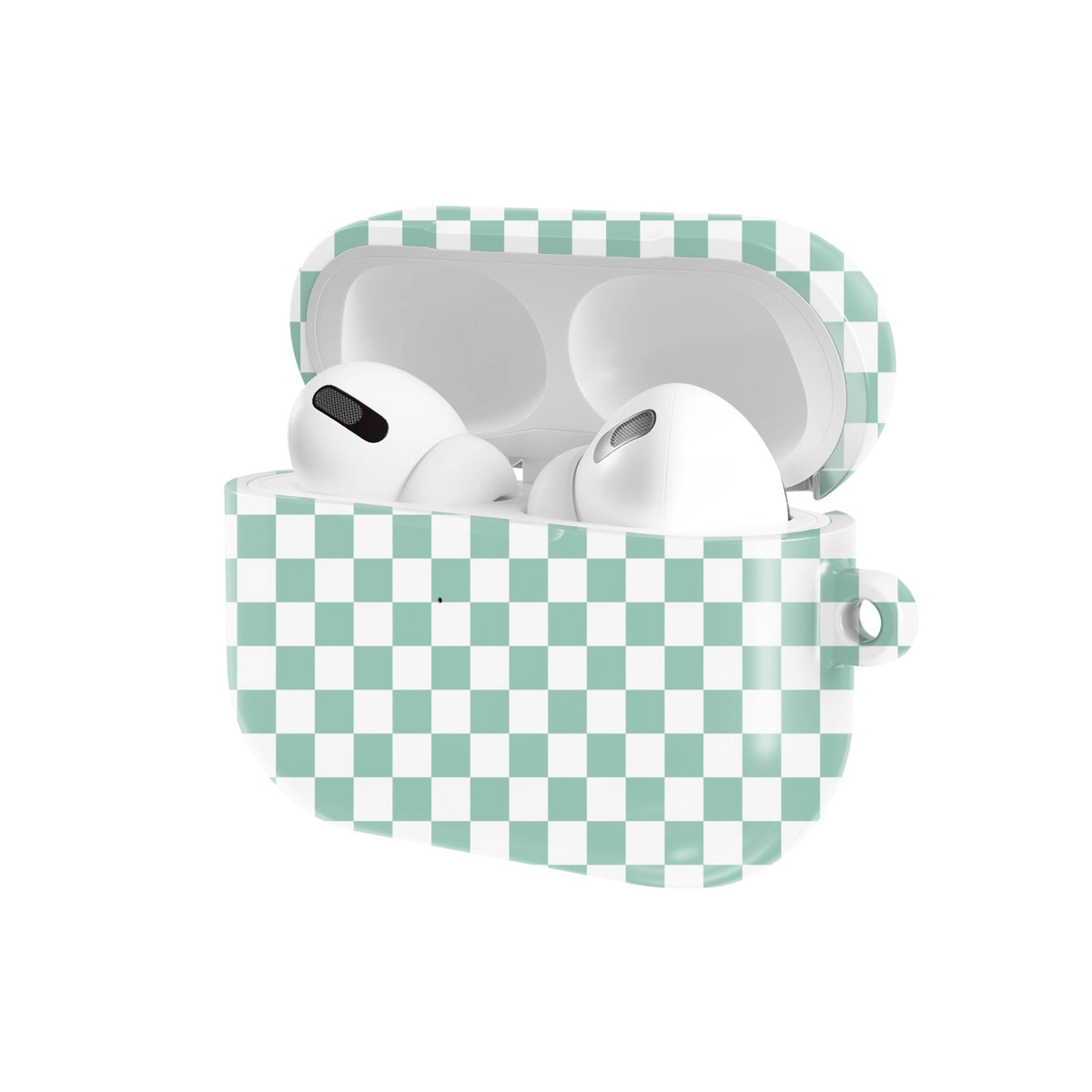 Sage Check AirPods case — open angled view