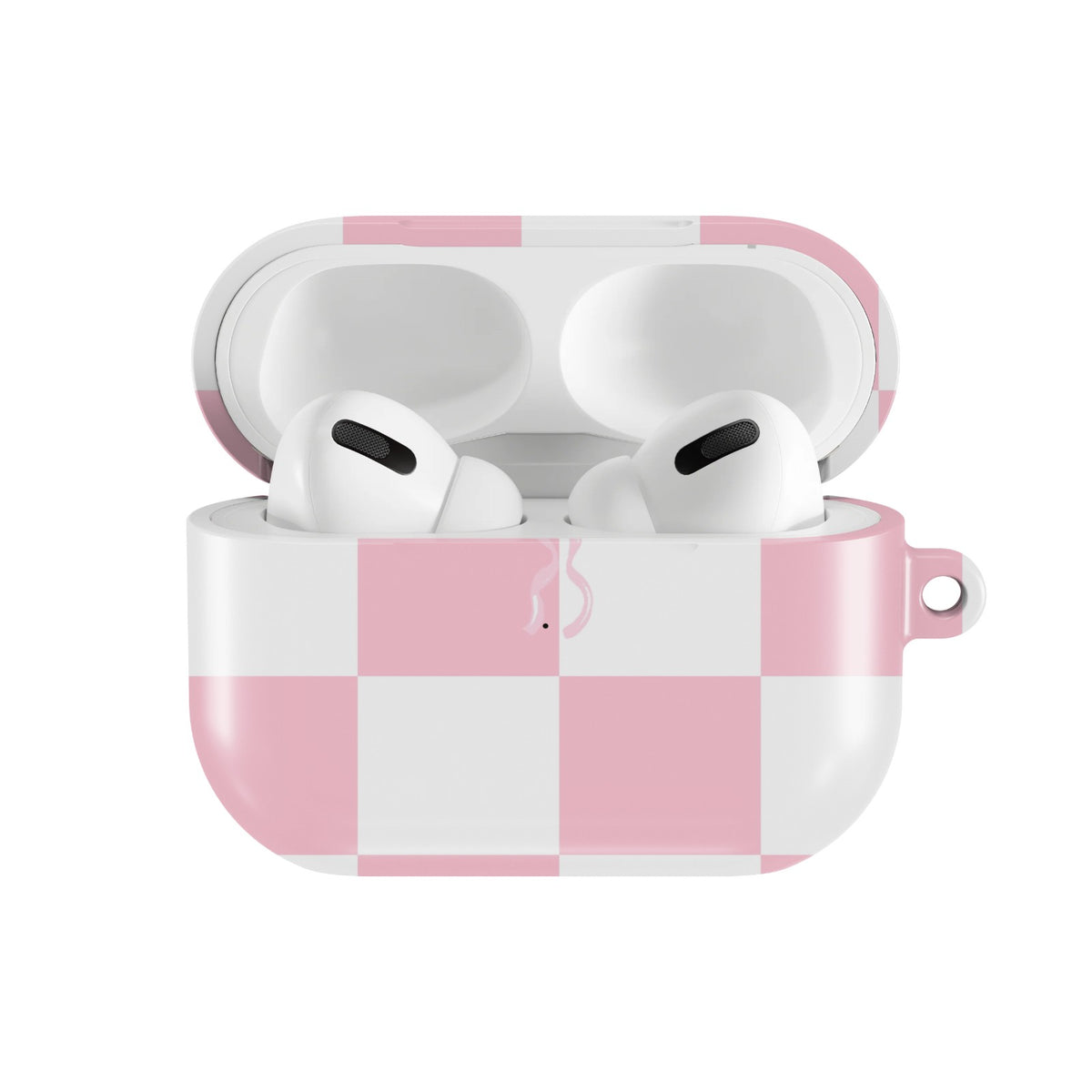 Pink Bow Check AirPods case — open front view