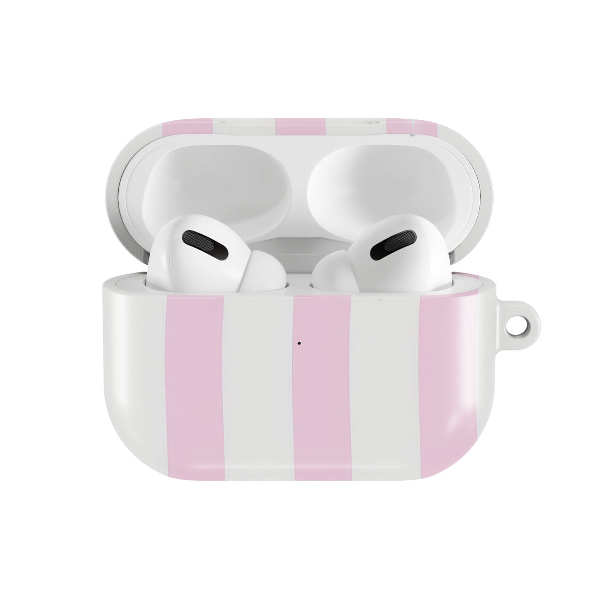 Pink Sparkle Stripe AirPods case — open front view