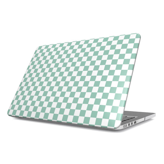 Sage Check MacBook case — sage green check, hard-shell laptop cover, angled lid view