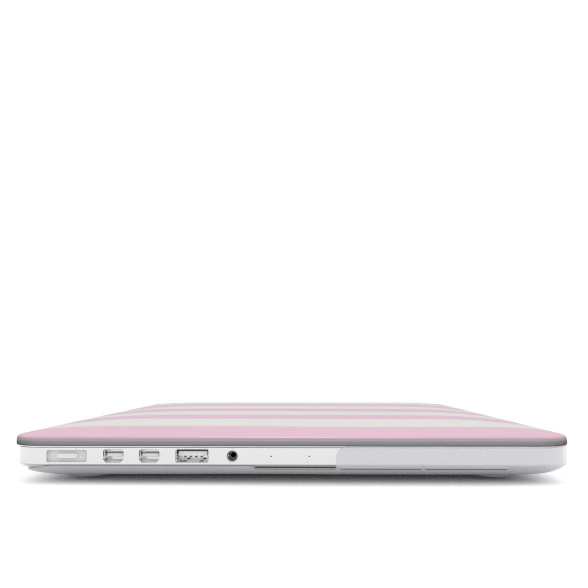 Pink Sparkle Stripe MacBook case — hard-shell laptop cover, side view with ports
