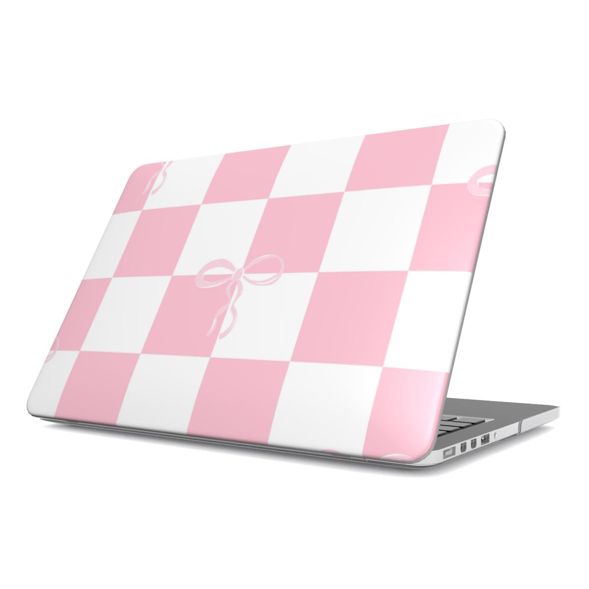 Pink Bow Check MacBook case — coquette check, hard-shell laptop cover, angled lid view