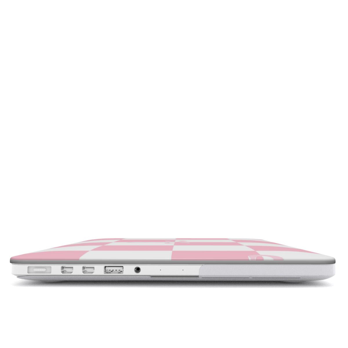 Pink Bow Check MacBook case — hard-shell laptop cover, side view with ports