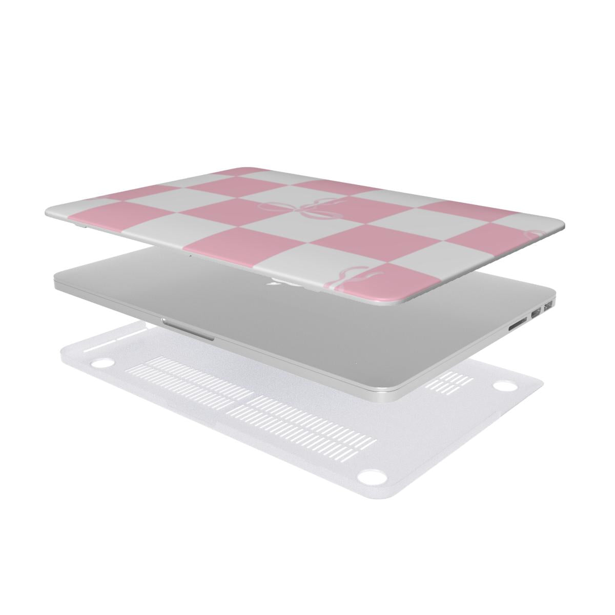 Pink Bow Check MacBook case — hard-shell laptop cover, two-piece shell view