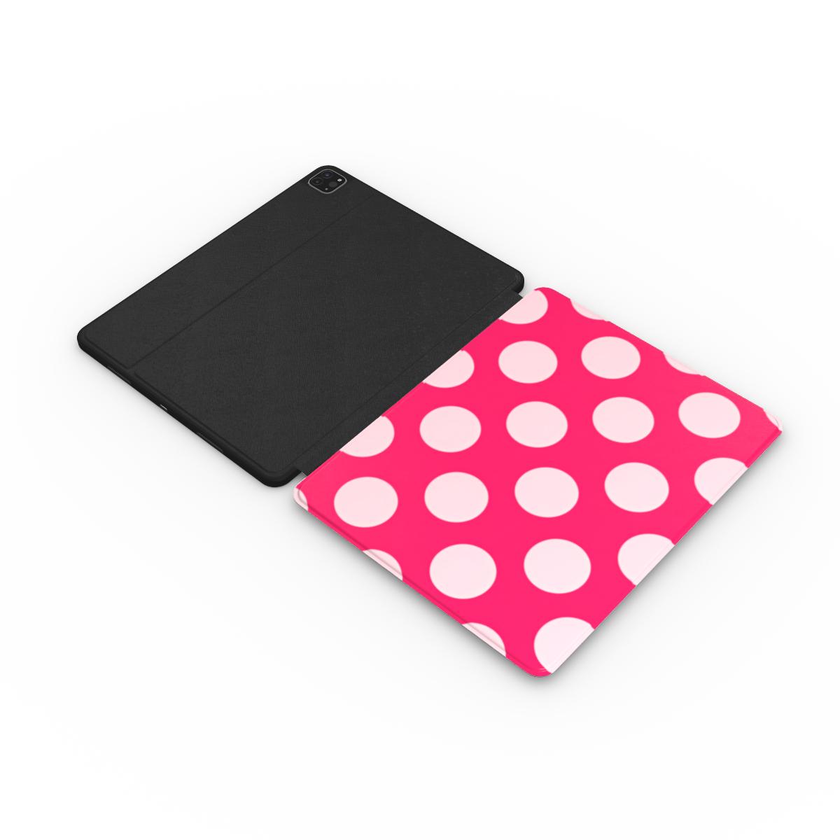 Raspberry Polka Dot iPad case opened flat — printed front cover with plain black interior