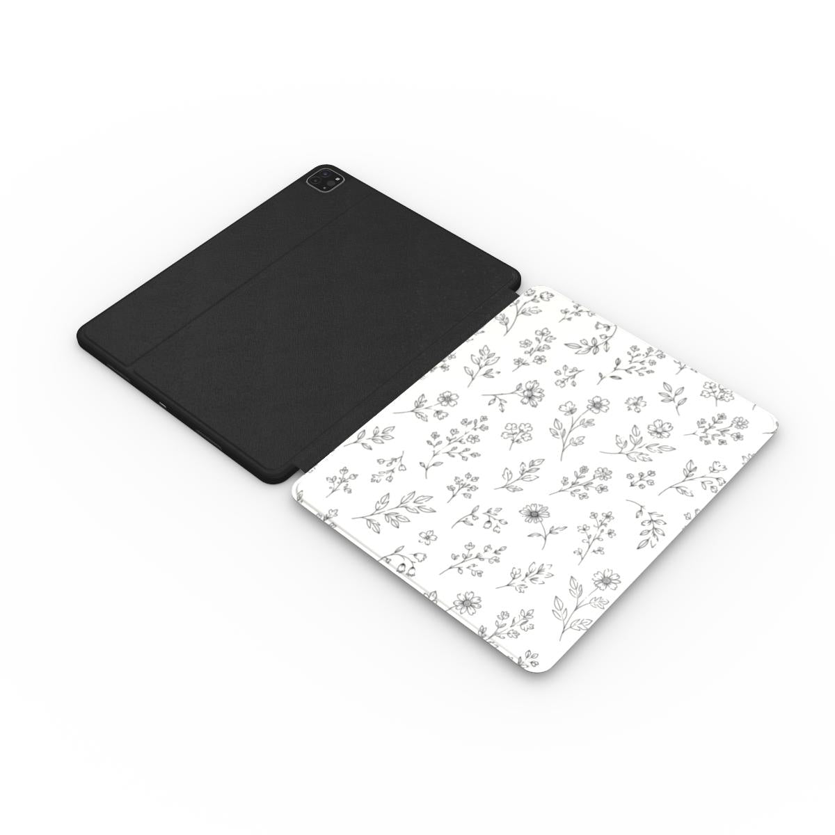 Line Art Wildflower iPad case opened flat — printed front cover with plain black interior