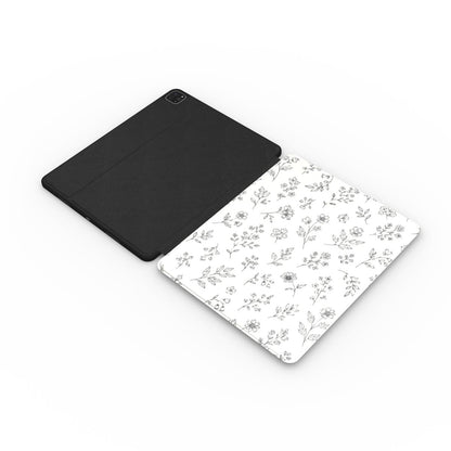 Line Art Wildflower iPad case opened flat — printed front cover with plain black interior