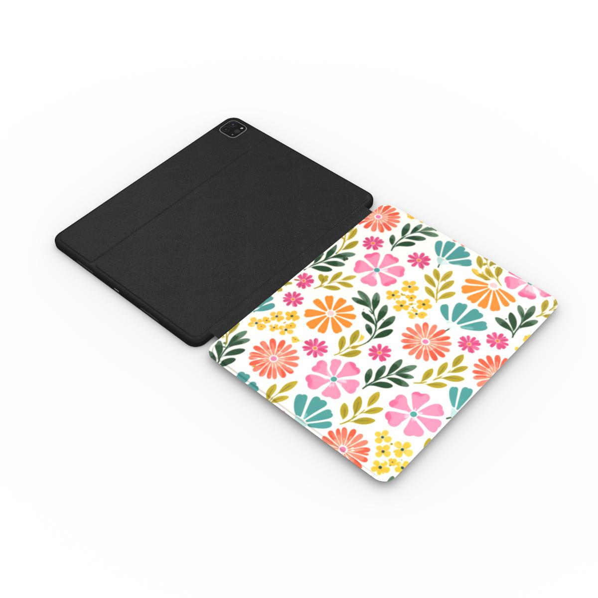 Bright Folk Floral iPad case opened flat — printed front cover with plain black interior