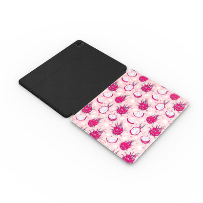 Dragonfruit iPad case opened flat — printed front cover with plain black interior