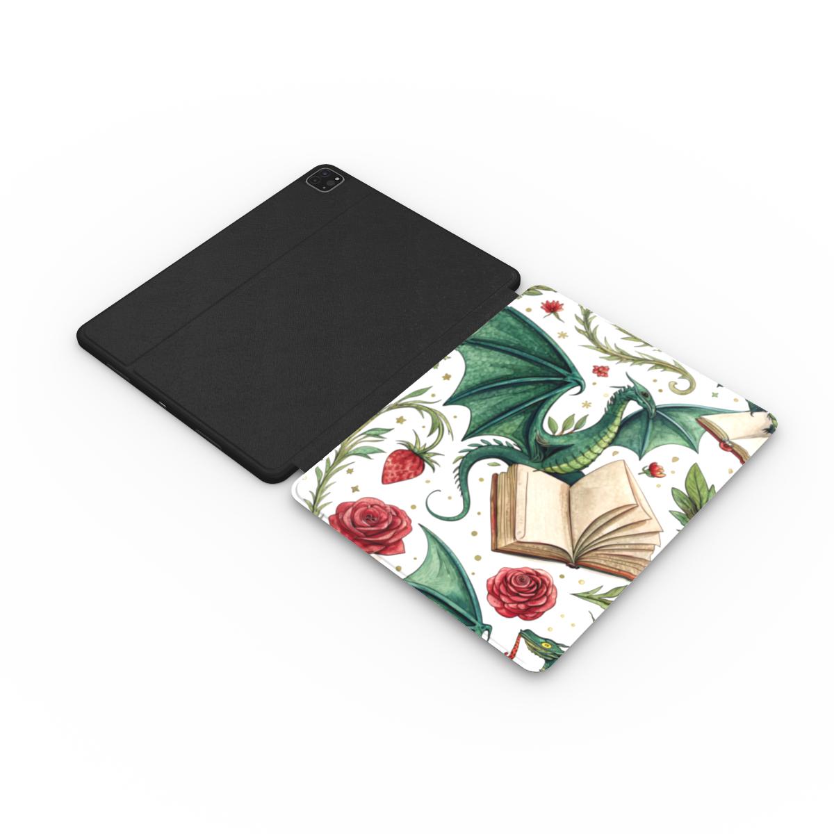 Dragons & Books iPad case opened flat — printed front cover with plain black interior