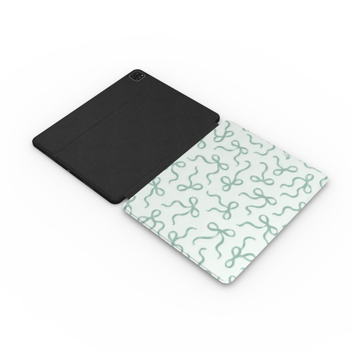 Sage Bows iPad case opened flat — printed front cover with plain black interior