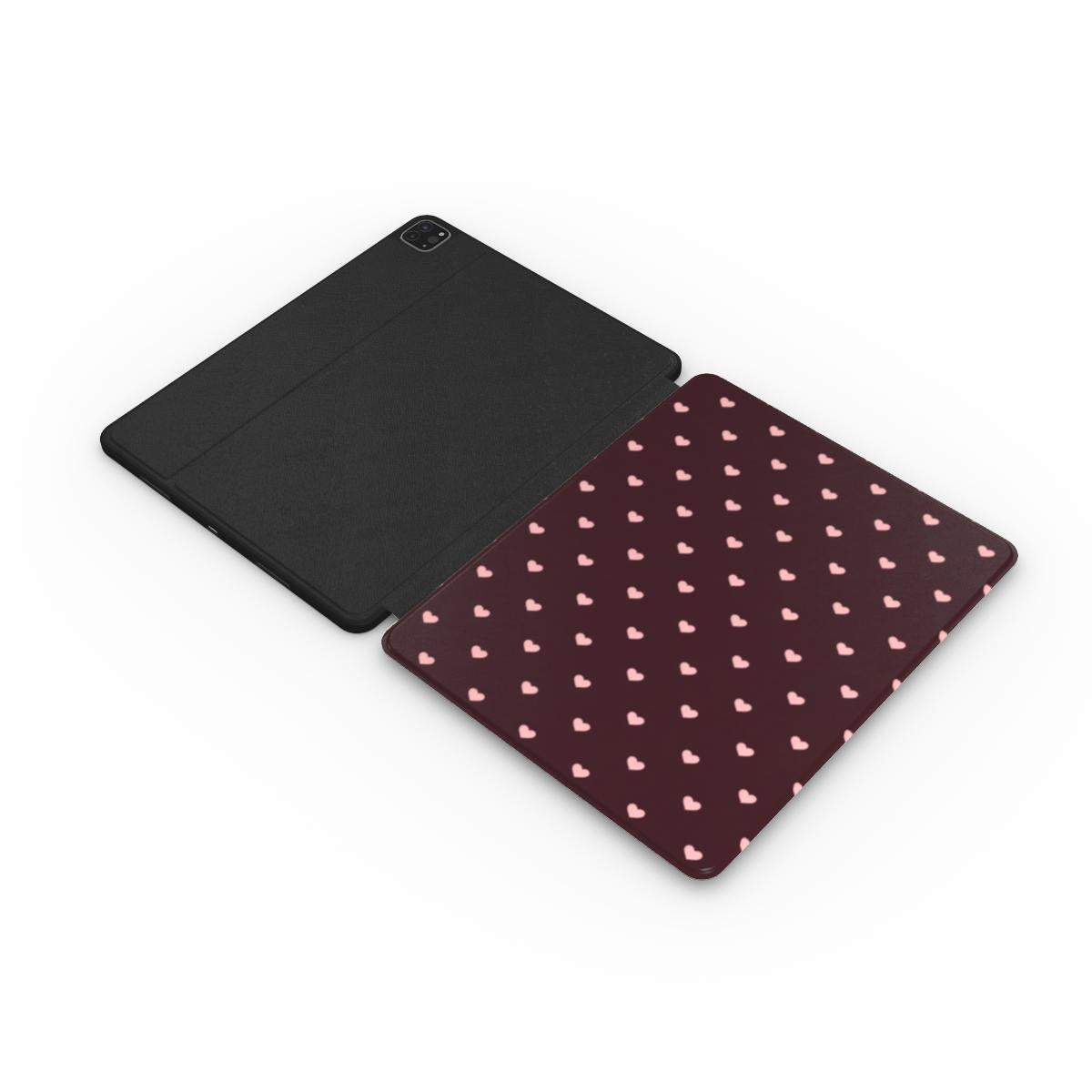 Pink Hearts iPad case opened flat — printed front cover with plain black interior