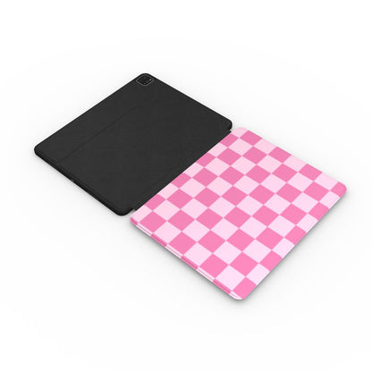 Pink Checkerboard iPad case opened flat — printed front cover with plain black interior