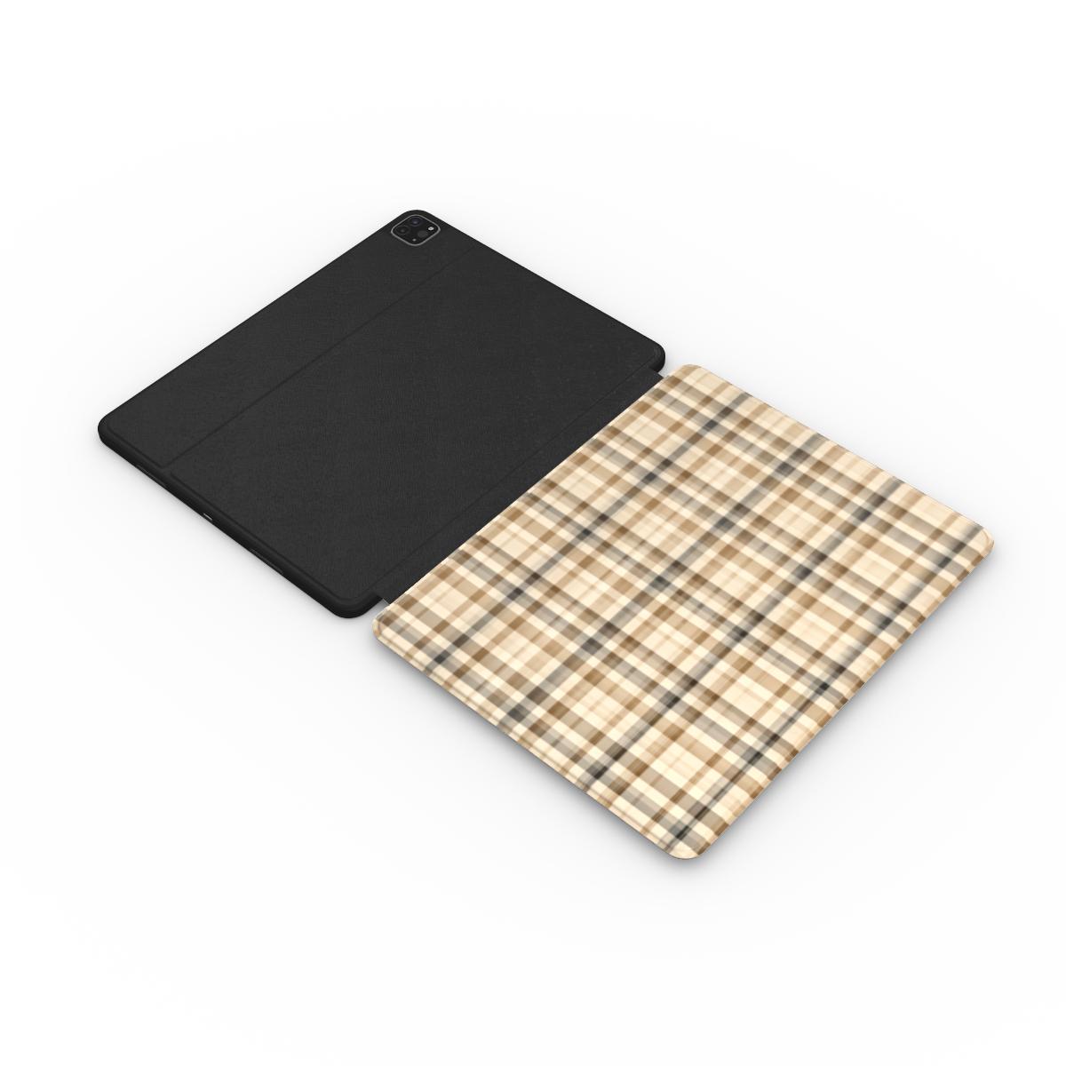 Neutral Tartan iPad case opened flat — printed front cover with plain black interior