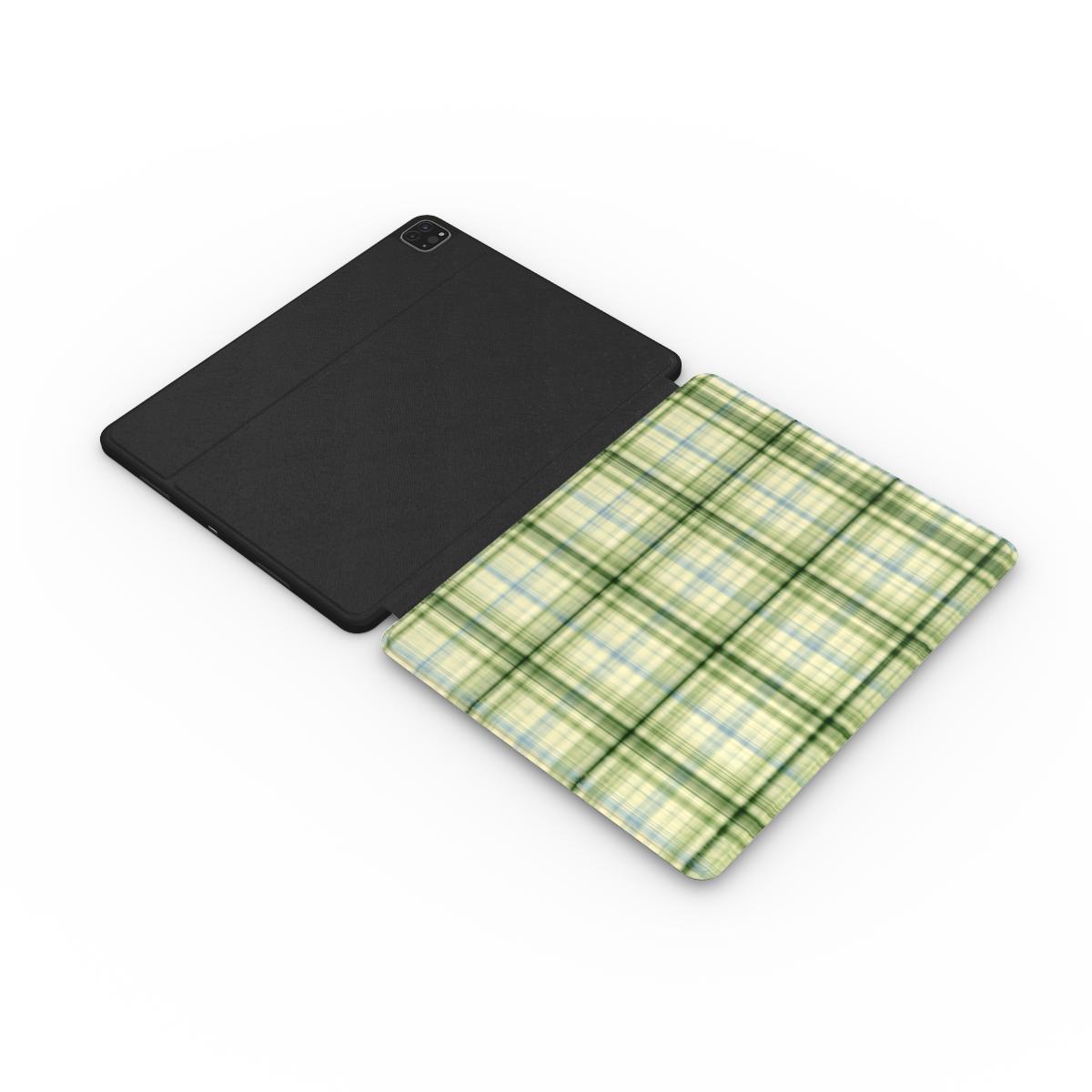 Green Tartan iPad case opened flat — printed front cover with plain black interior