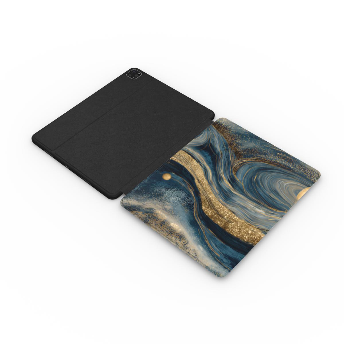 Starry Night Cosmos iPad case opened flat — printed front cover with plain black interior