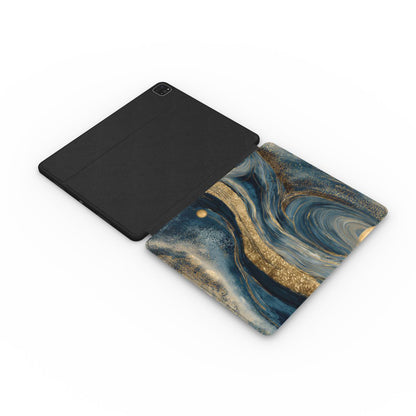 Starry Night Cosmos iPad case opened flat — printed front cover with plain black interior