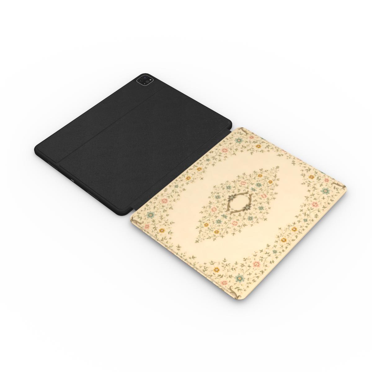 Antique Book Cover iPad case opened flat — printed front cover with plain black interior