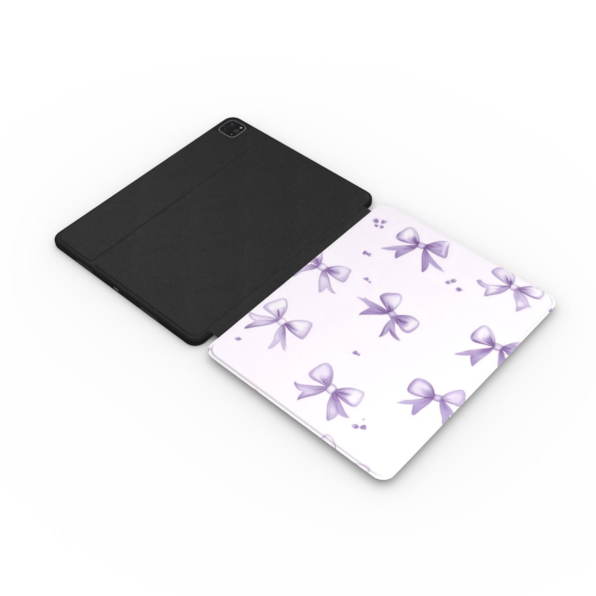 Lilac Bow iPad case opened flat — printed front cover with plain black interior