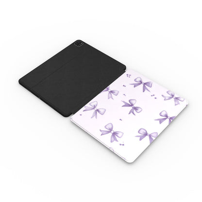 Lilac Bow iPad case opened flat — printed front cover with plain black interior