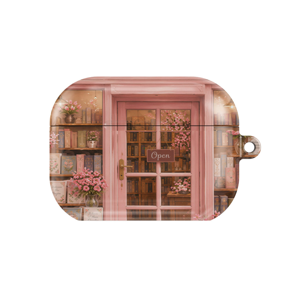 Cherry Blossom Bookshop AirPods case — bookish, closed front view