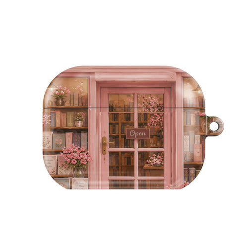 Cherry Blossom Bookshop AirPods case — bookish, closed front view