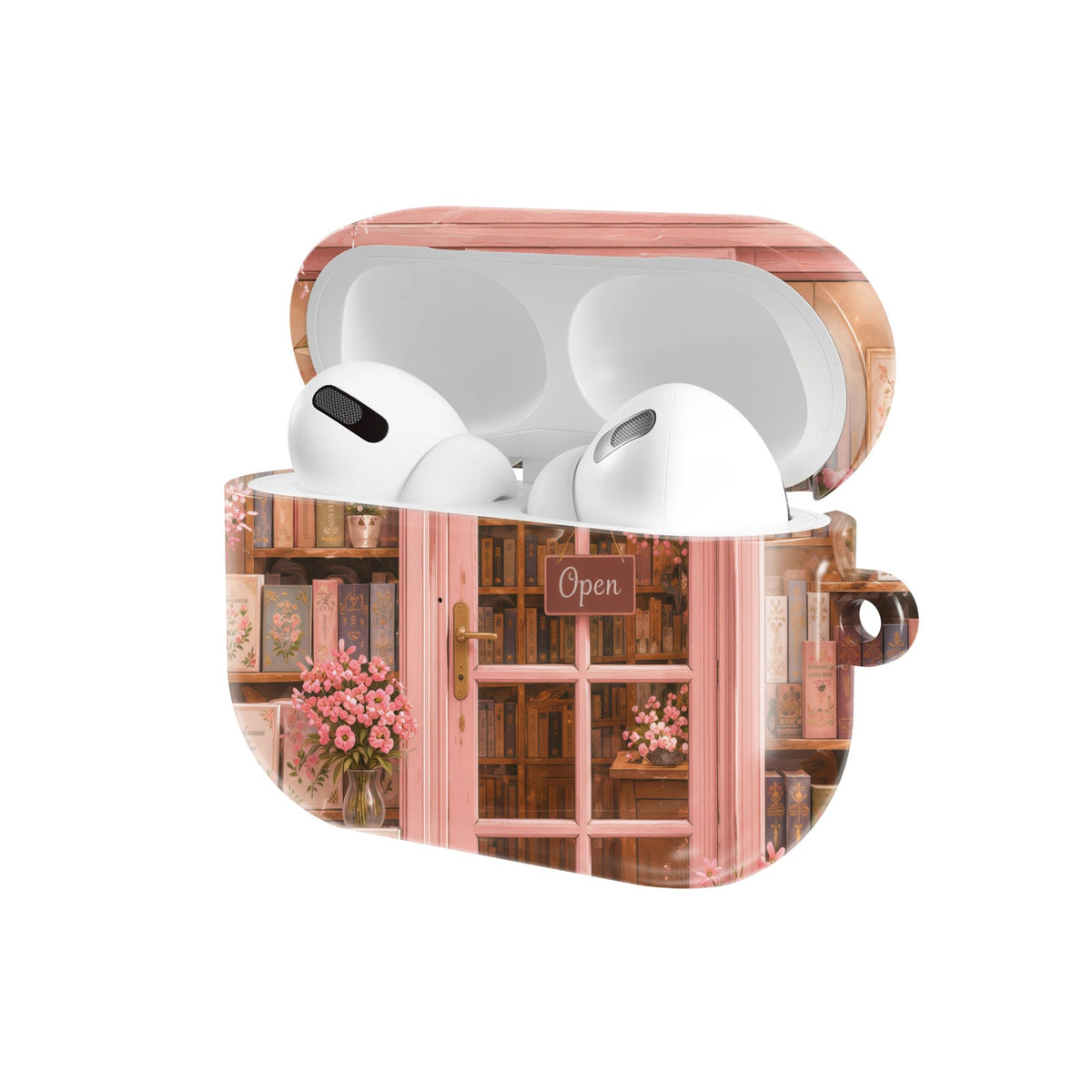 Cherry Blossom Bookshop AirPods case — open angled view