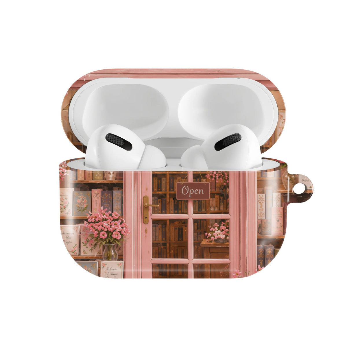 Cherry Blossom Bookshop AirPods case — open front view