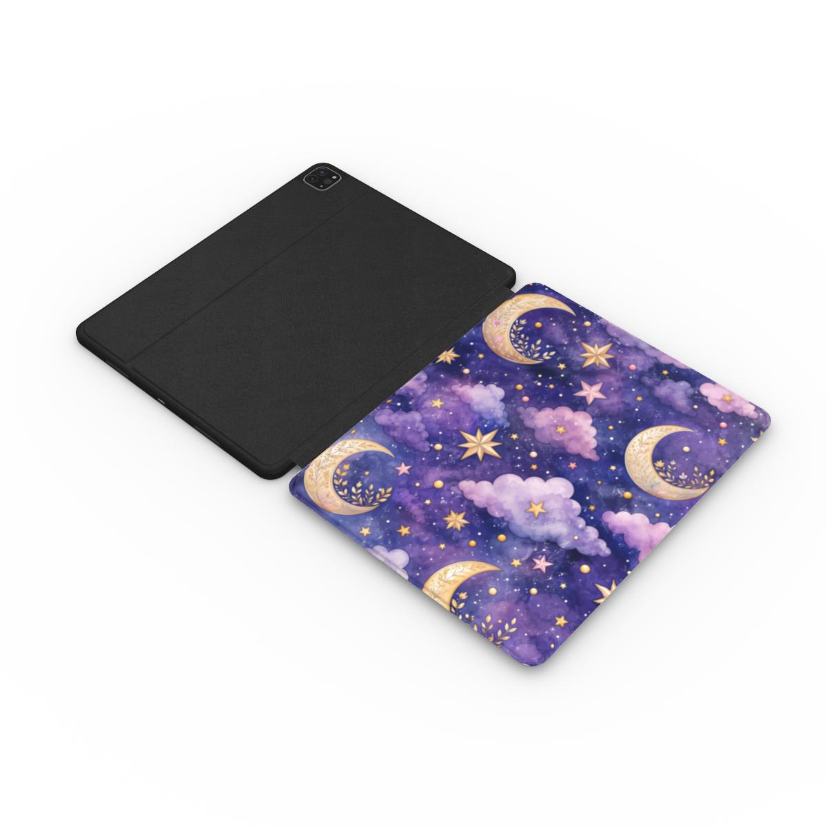 Celestial Moons iPad case opened flat — printed front cover with plain black interior