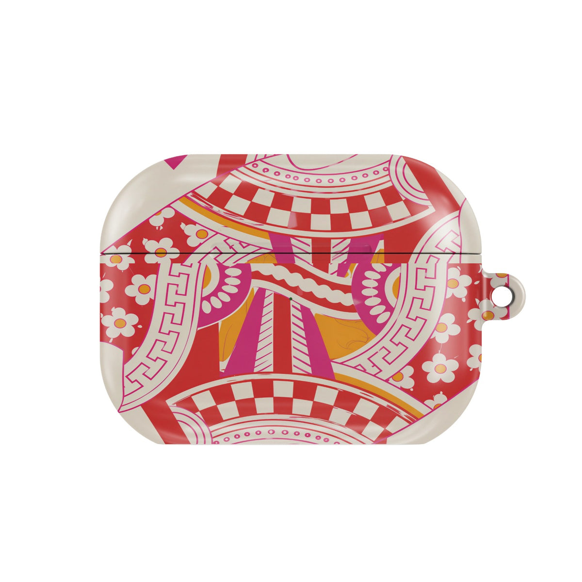 Queen of Hearts AirPods case — retro card, closed front view