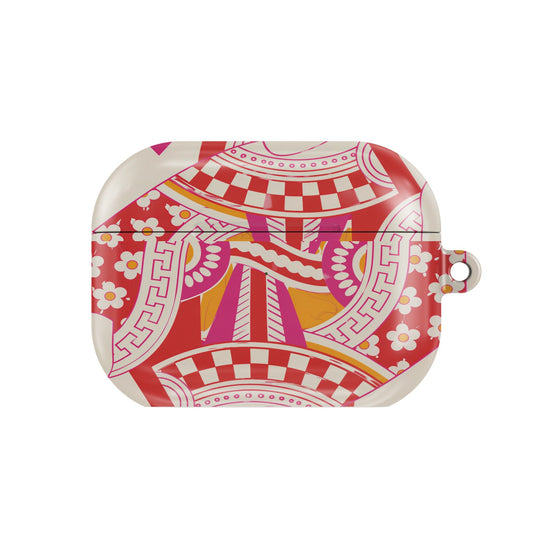 Queen of Hearts AirPods case — retro card, closed front view
