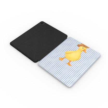 Cowboy Duck iPad case opened flat — printed front cover with plain black interior
