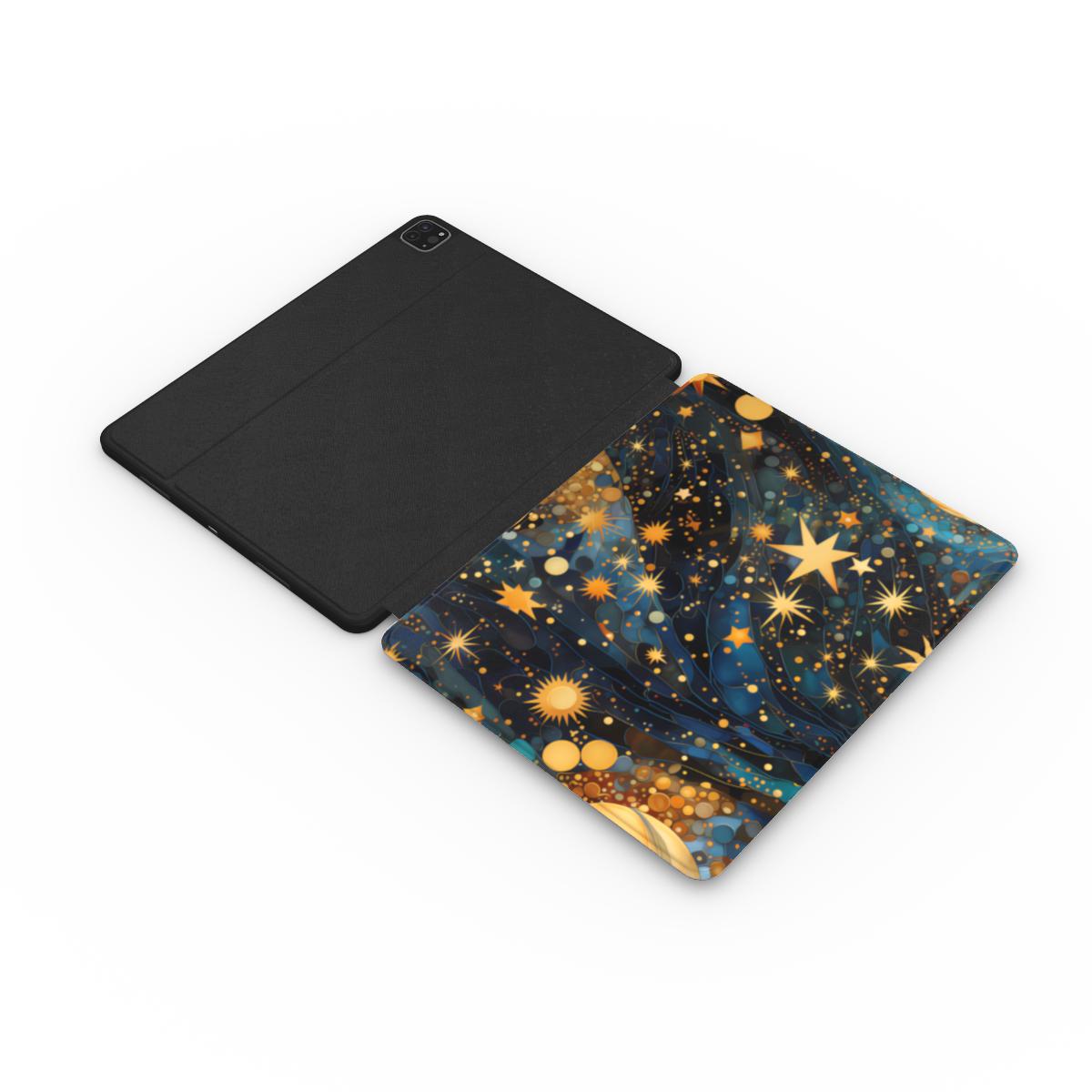 Gilded Cosmos iPad case opened flat — printed front cover with plain black interior