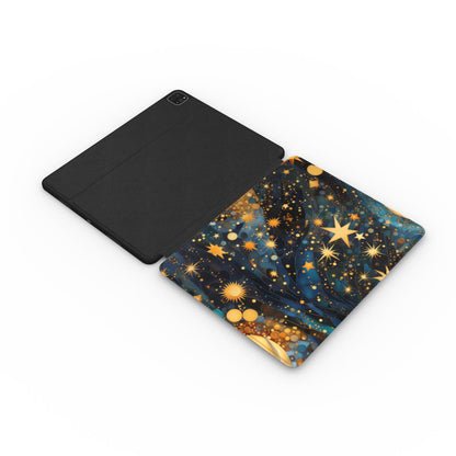 Gilded Cosmos iPad case opened flat — printed front cover with plain black interior