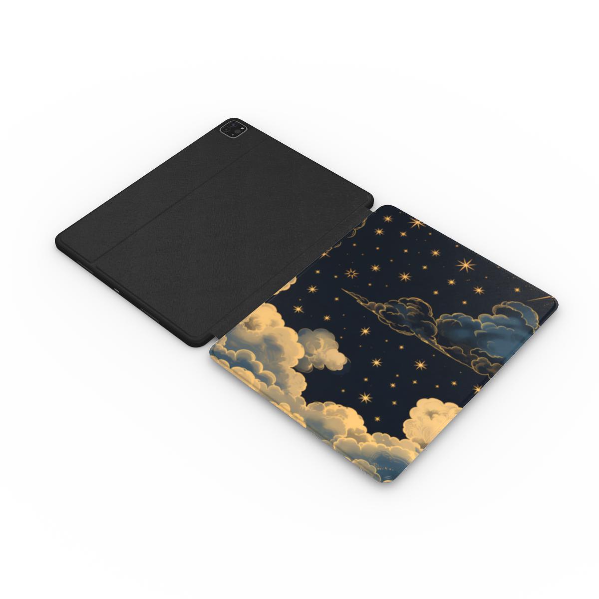 Vintage Celestial Sun iPad case opened flat — printed front cover with plain black interior