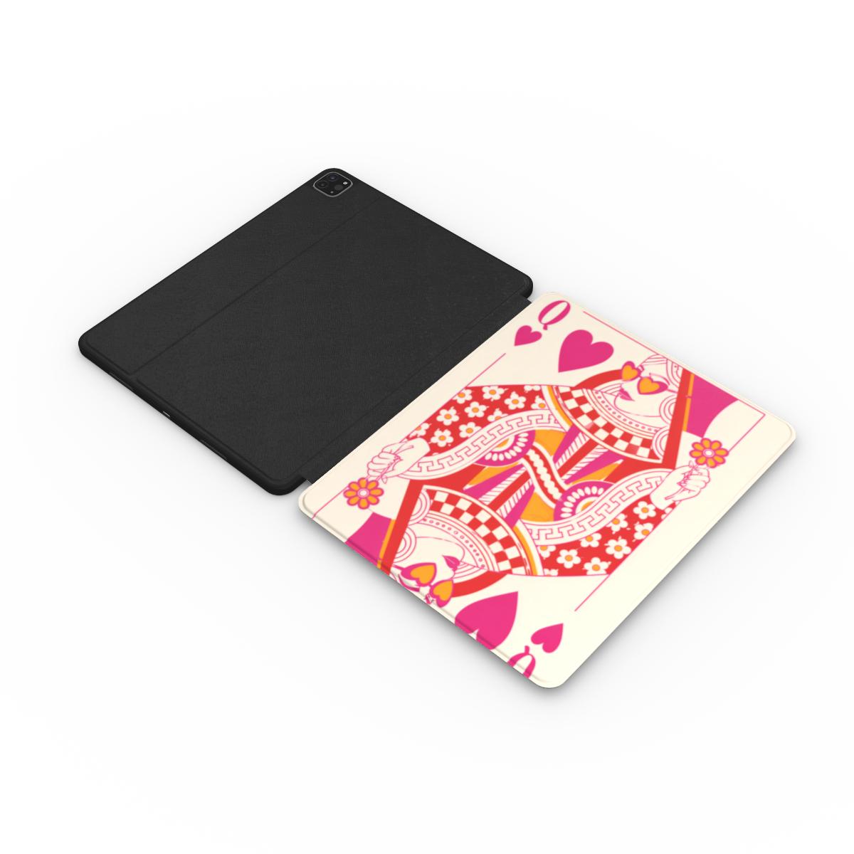 Queen of Hearts iPad case opened flat — printed front cover with plain black interior