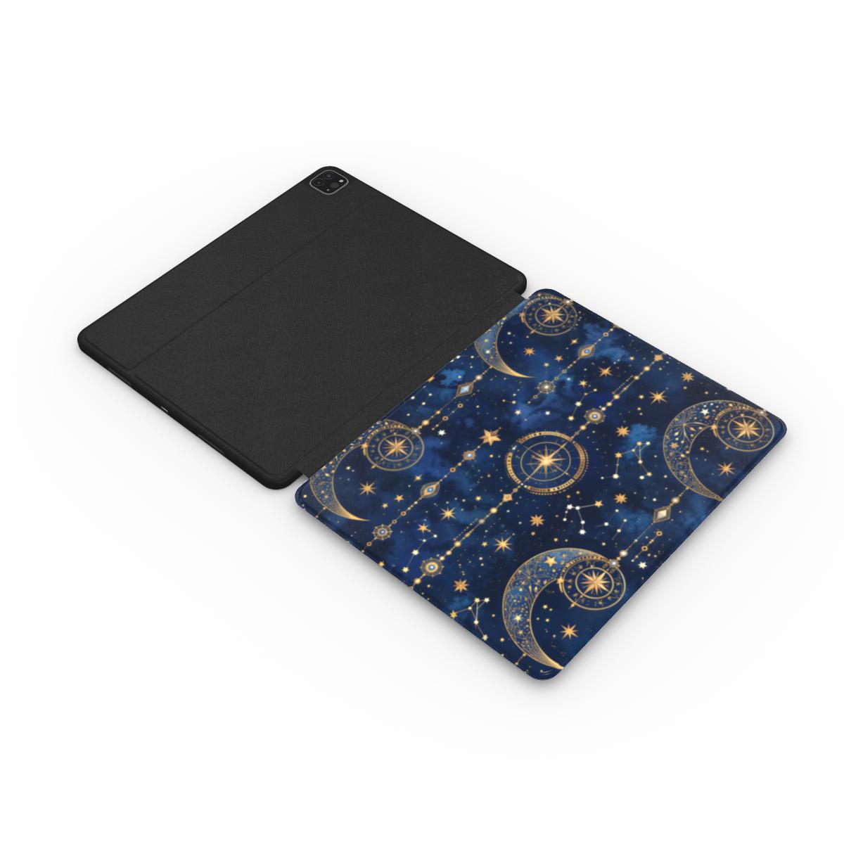 Celestial Tarot iPad case opened flat — printed front cover with plain black interior