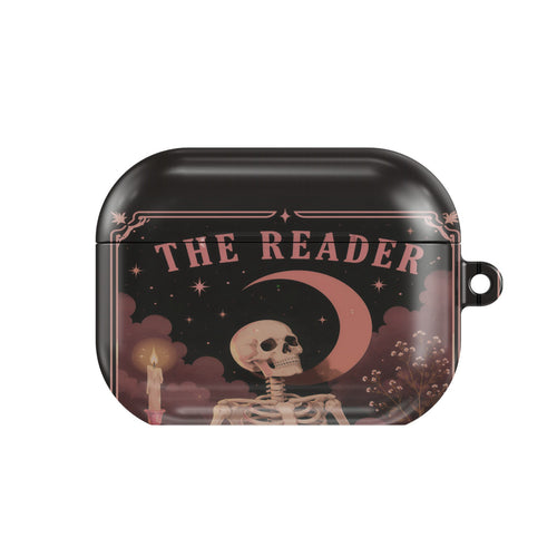The Reader Tarot AirPods case — gothic bookish, closed front view