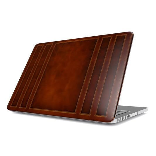 Antique Leather Book MacBook case — vintage bookish, hard-shell laptop cover, angled lid view