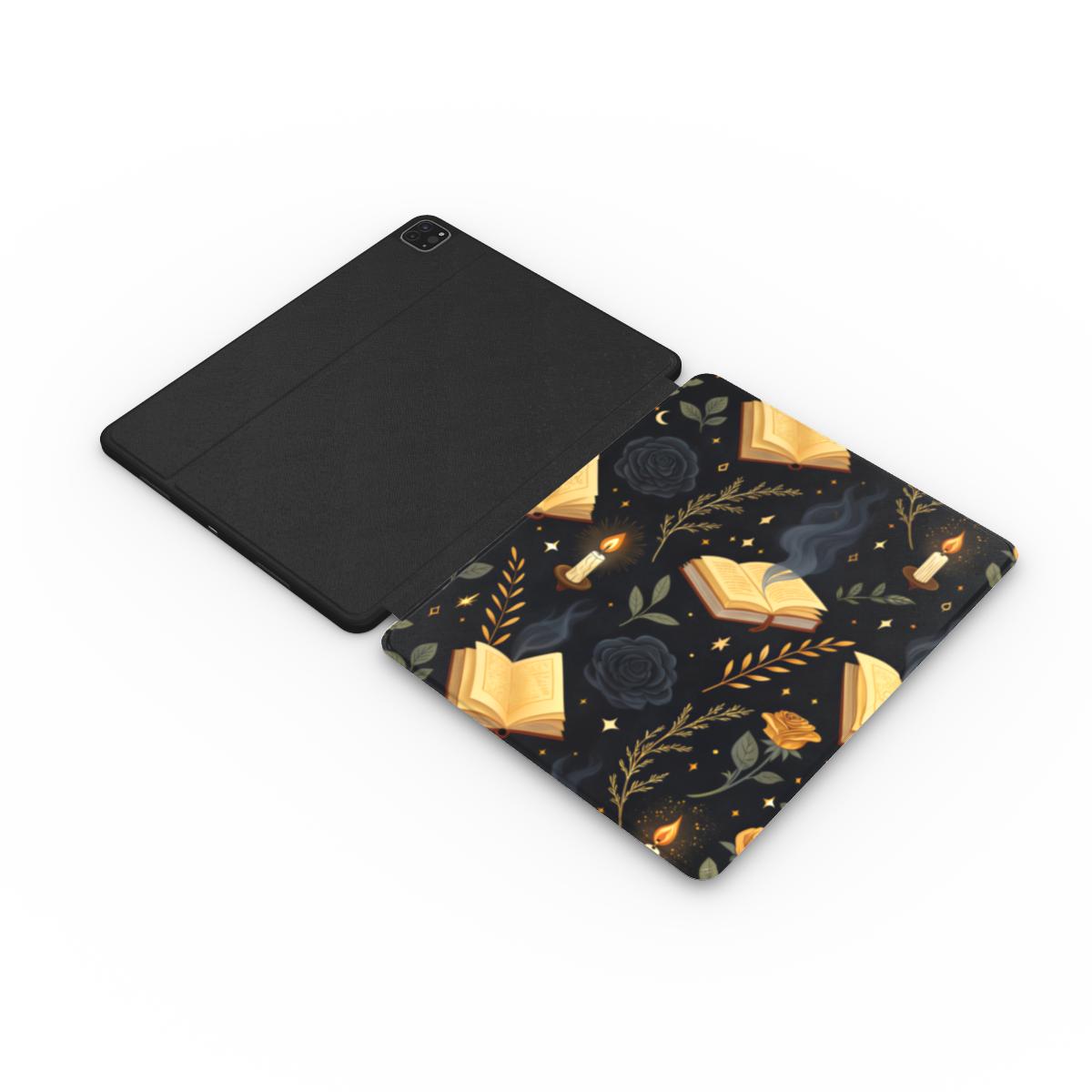 Witchy Academia iPad case opened flat — printed front cover with plain black interior