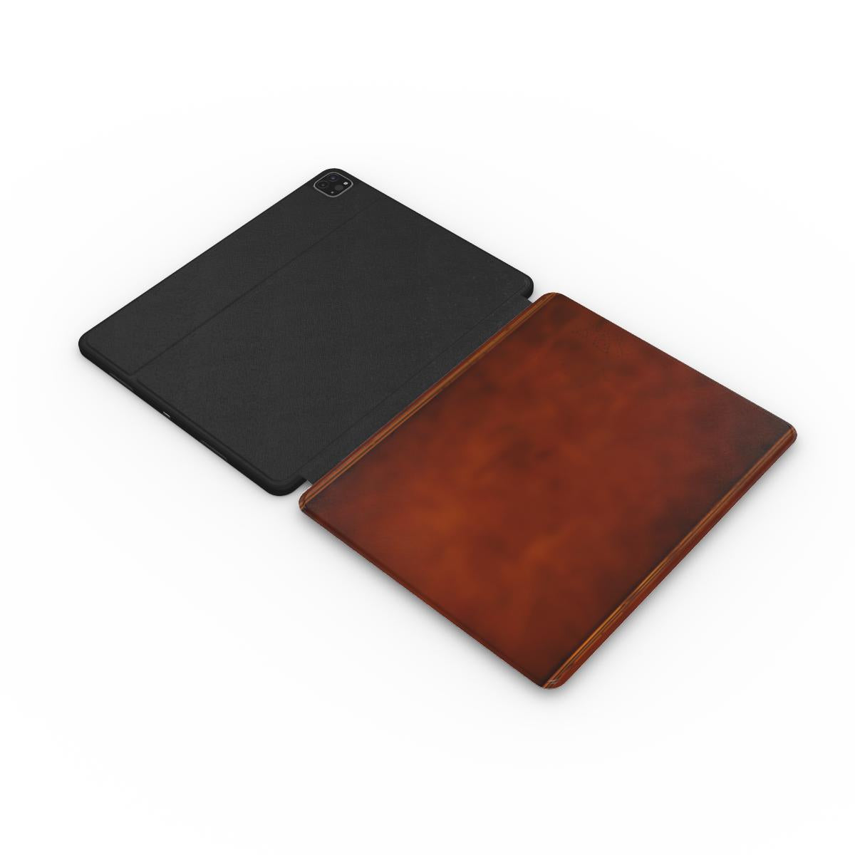 Antique Leather Book iPad case opened flat — printed front cover with plain black interior