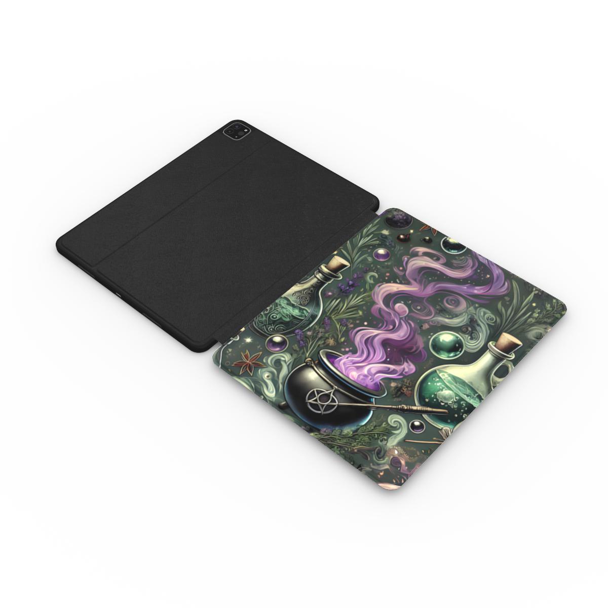 Witch's Apothecary iPad case opened flat — printed front cover with plain black interior