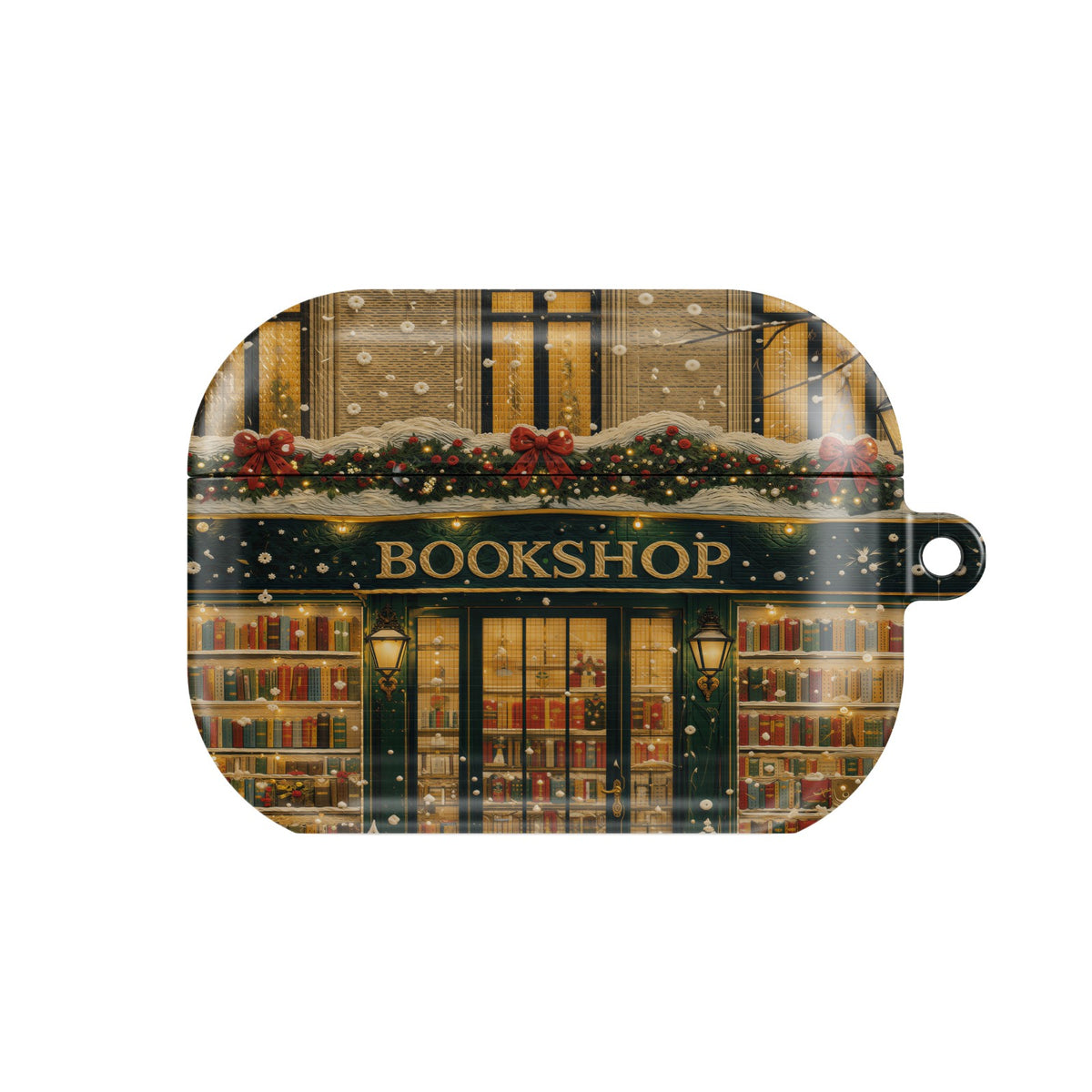 Christmas Bookshop AirPods case — festive bookish, closed front view