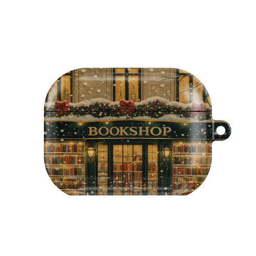 Christmas Bookshop AirPods case — festive bookish, closed front view